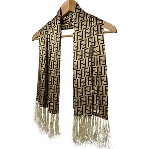 Fendi Zucca Print FF‎ Monogram Silk Scarf Gold Fringe Trim 44" Long 11" Wide EUC